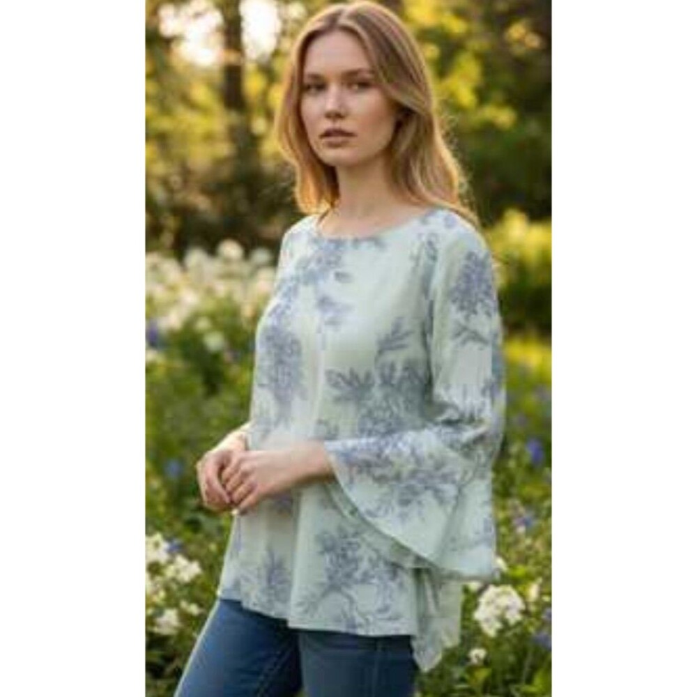 LC LAUREN CONRAD Womens XXL Boho Floral Bell Slv Open Back Design Green Blue Top